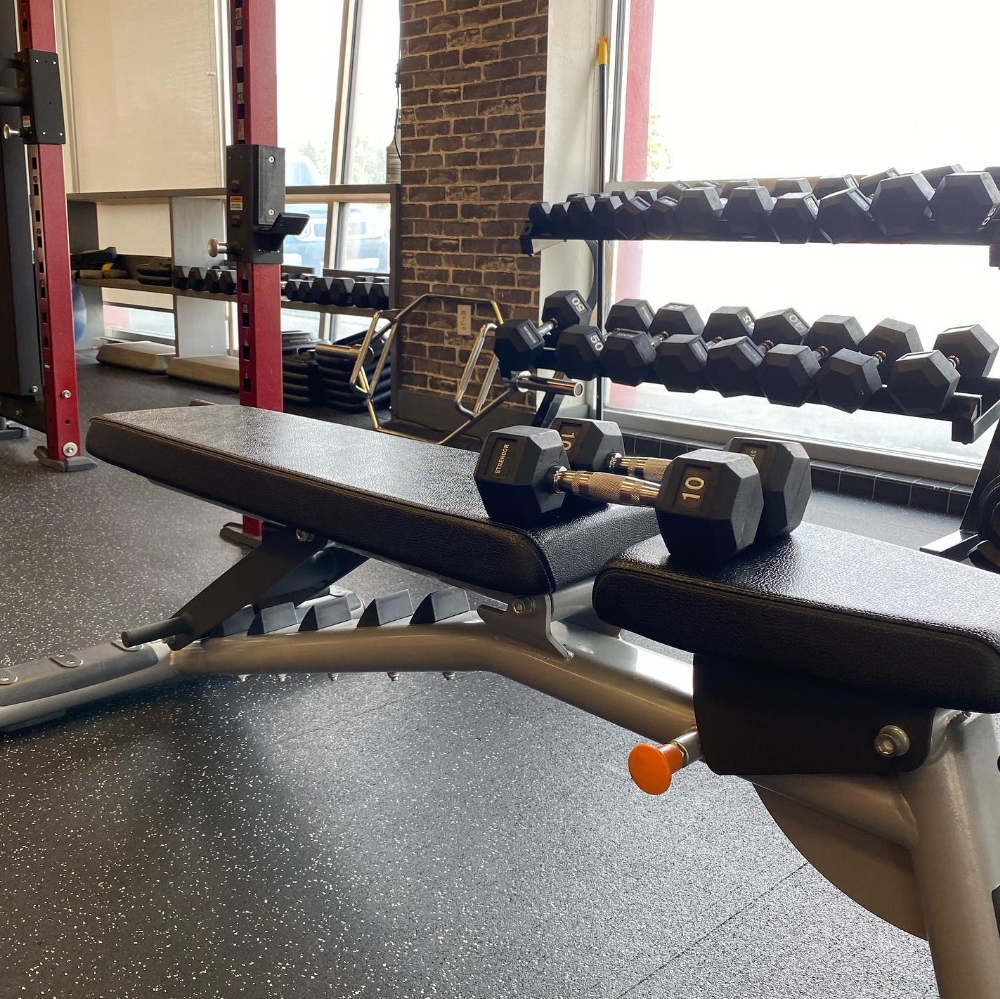 Weight bench and dumbbells at the training facility